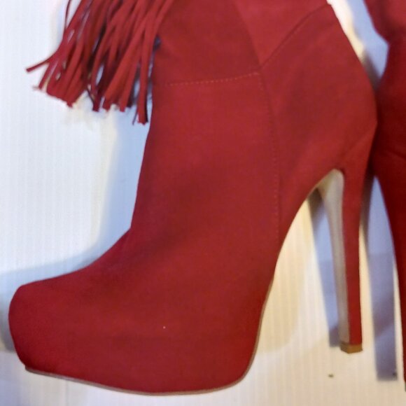 JustFab Red Kneehigh Fringe Boots - Picture 4 of 8